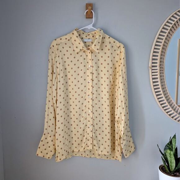 SANDRO PARIS Peany Polka-Dot Button-Down Satin Shirt, yellow, size 4/US, NWT - Picture 1 of 9